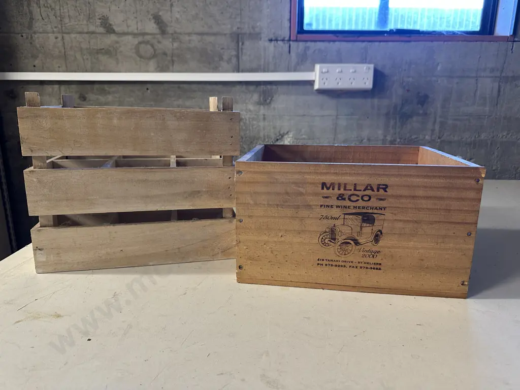 Wooden Six Bottle Double Handled Storage Box & Millar & Co Advertising Fine Wine  Box (Sold with -028) Image 1++